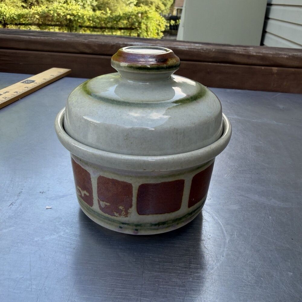 Vintage Iron Mountain Stoneware Whispering Pines Covered Sugar Bowl Made USA